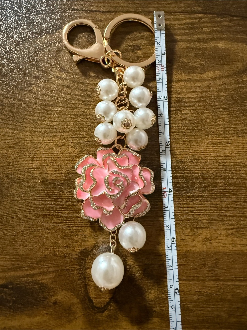 Pink Rose Faux Pearl Rhinestone Gold Tone Purse Charm Keychain - Picture 2 of 5